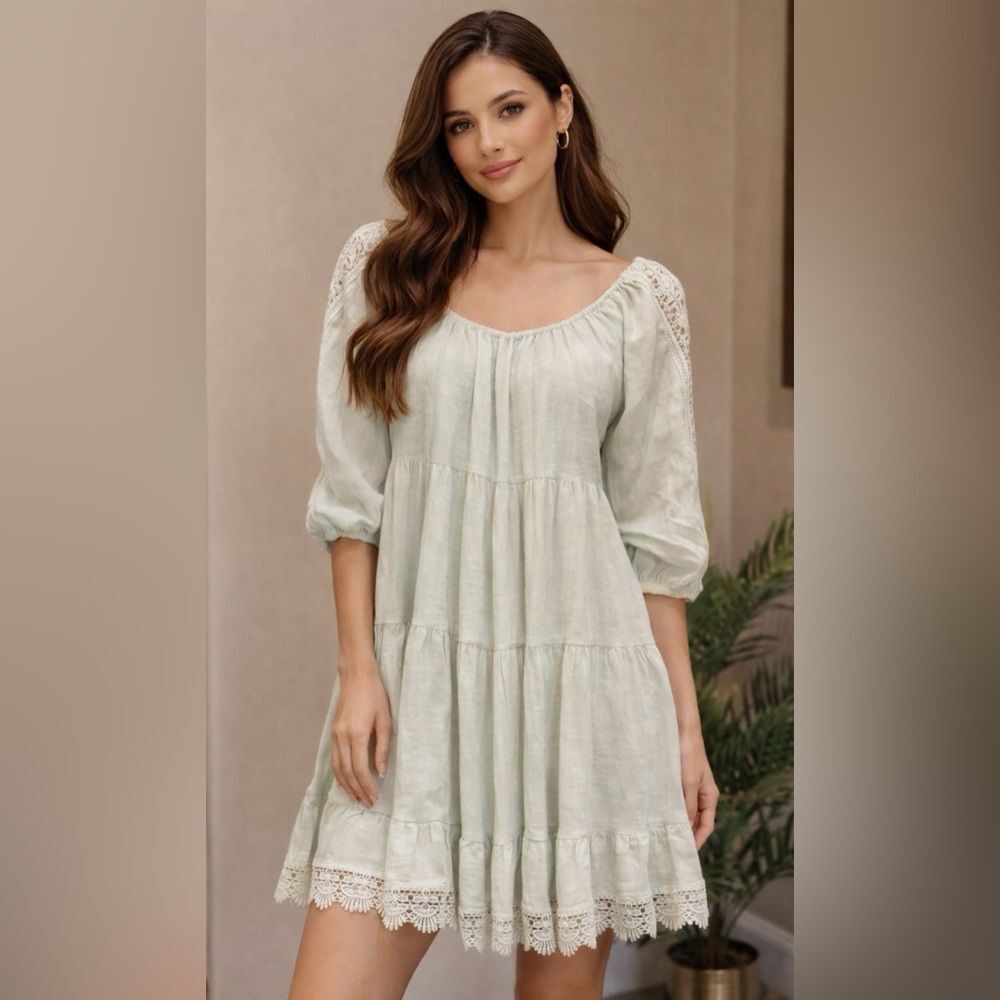 Mint Green Gauze & Lace Boho Dress